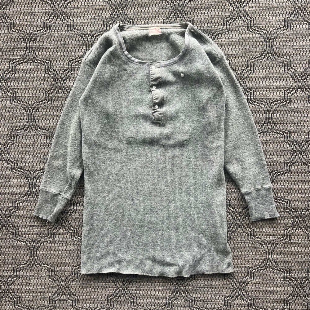 Vintage Stanfields Shirt Mens 46 Gray Wool Thermal Base Layer Henley 1960s